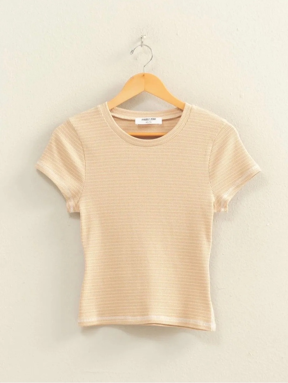 NEW Double Zero Taupe Stripe Ribbed Crewneck Fitted Tee – Large